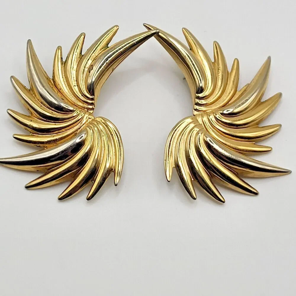 Vintage MCM Starburst Atomic Abstract Shiny Gold Tone Earrrings Set 2in
